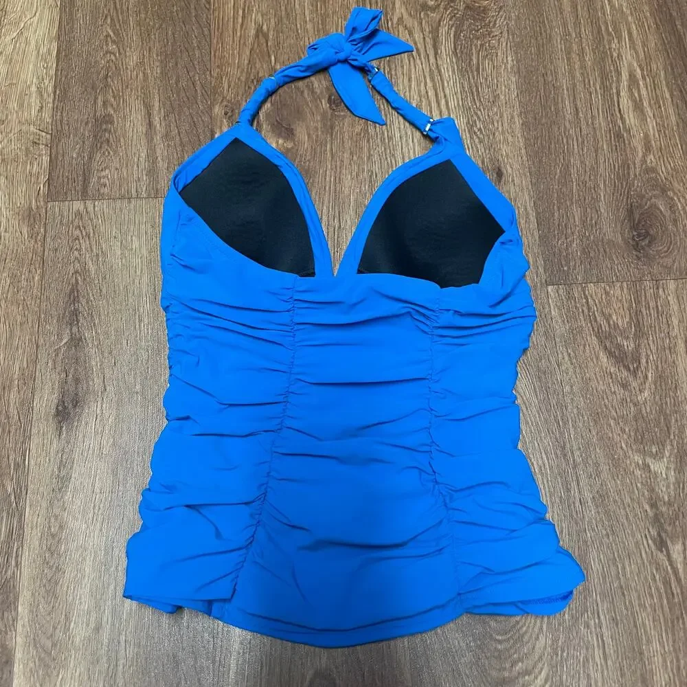 Lands End Solid Blue Ruched Slimming Womens Halter Tankini Swim Top Size 2